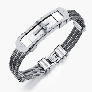 Pulsera clásica de cable de acero inoxidable para hombre con cruz dorada y cierre desplegable