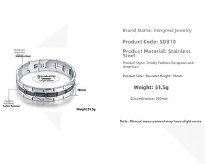 Detailed dimensions of stainless steel bracelet with Greek key pattern, 16mm height