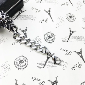 Men's silver stainless steel curb chain bracelet with gothic cross carving detail