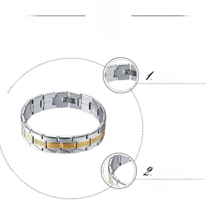 Detailed close-up of polished silver and gold stainless steel men's link bracelet