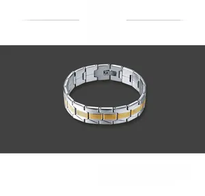 Close-up of dual-tone stainless steel men's bracelet with textured gold and silver links