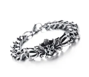 Men's Vintage Gothic Stainless Steel Cross Shield Curb Chain Bracelet Punk Wings Relief Silver Retro Jewelry Gift For Him