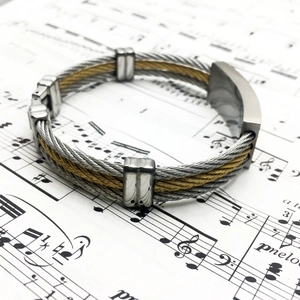 Macro shot of two-tone braided stainless steel cable bracelet on sheet music