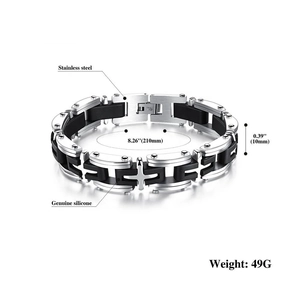 Detail view of black silicone and steel men's bracelet showing 210mm length and 10mm width