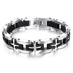 Detail of the industrial stainless steel and black silicone men bracelet with fold-over clasp