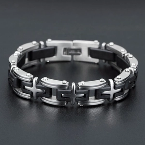Men's titanium steel bracelet with gold cross and black silicone industrial design