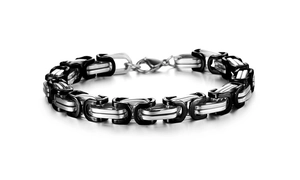 Men's punk style stainless steel chain bracelet in black and silver tone links