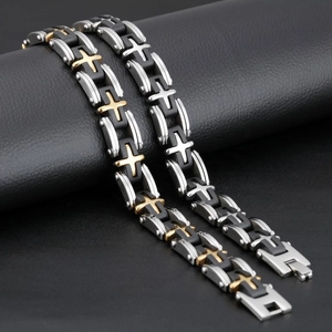Men's titanium steel bracelet with gold cross details and black silicone inserts