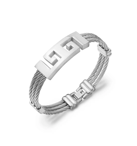 Detailed macro view of four-strand braided steel cable bracelet with geometric cutout detail