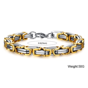 Detail of two-tone gold and silver stainless steel chain bracelet with lobster clasp