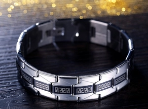 Men's stainless steel watch-style link bracelet with Greek key pattern and black inlay