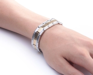 Men's adjustable two-tone stainless steel link bracelet with gold textured grid pattern