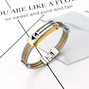 Bracciale a cavo in acciaio inossidabile bicolore con inserto di cristalli a tre file