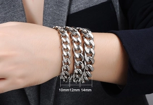 Detailed comparison of 10mm, 12mm and 14mm silver stainless steel Cuban link bracelets