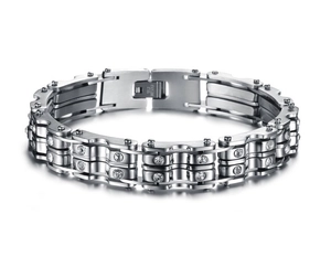 Detailed view of men's triple-row stainless steel bracelet with sparkling clear zircons
