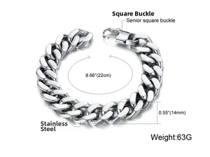Detailed view of polished 14mm wide stainless steel Cuban chain bracelet with dimensions