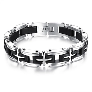 Men's titanium steel and black silicone link bracelet with silver polished finish