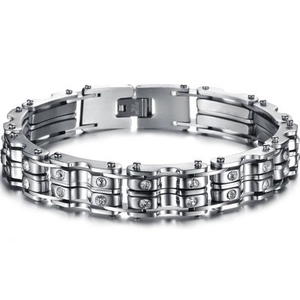 Men Fashion Titanium Steel Motorcycle Chain Bracelet Double Row Rhinestone Inlaid Stainless Steel Biker Jewelry Gift