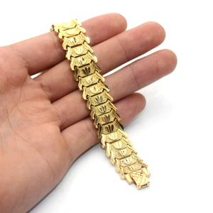 18K gold plated wide chunky link bracelet for men with textured embossed heart patterns