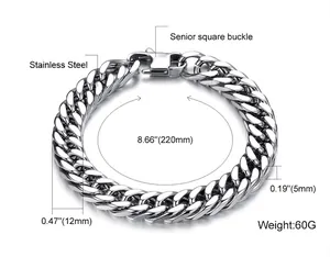 Polished stainless steel men's cuban link bracelet, 12mm wide with secure square buckle