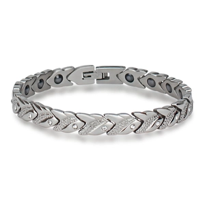 Bracelet de Santé Magnétique en Acier Titane pour Femmes Design Feuille d'Argent avec Strass Incrustés Bijoux Magnétothérapie