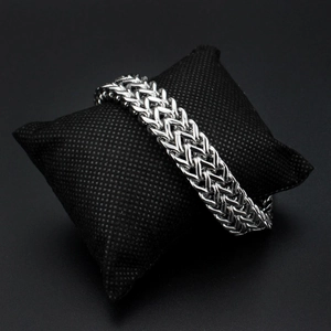 Polished silver square fish scale titanium steel bracelet with double row wheat chain design