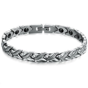 Bracelet magnétique en acier inoxydable argenté avec cristaux et maillons en écailles