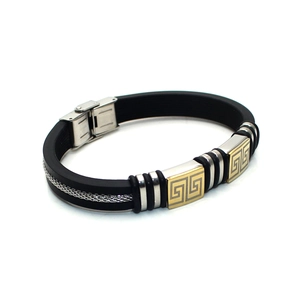 Men's black silicone bracelet with gold Greek fret pattern and steel chain inlay