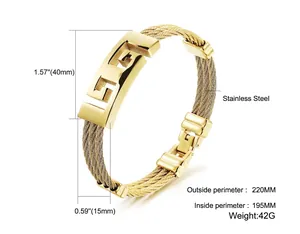 Braided stainless steel cable bracelet with golden Greek key pattern ornament