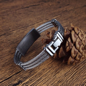 Three-strand woven steel rope bracelet for men with rectangular matte metal plate