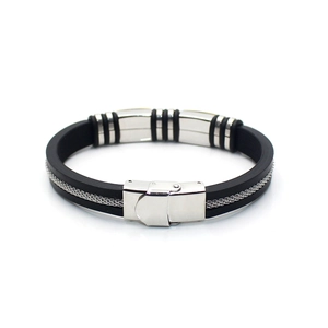 Men's titanium steel and black silicone bracelet featuring silver chain link inlay accents