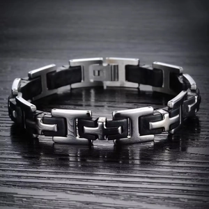 Men's titanium steel and black silicone H-link bracelet with a secure folding clasp