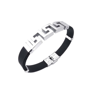Detailed view of black silicone bracelet with Greek Greca motif stainless steel inlay