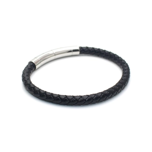 Classic braided black leather bracelet with sleek silver magnetic clasp for men