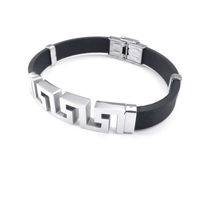 Men's titanium steel and black silicone bracelet with a Greek key pattern metal charm