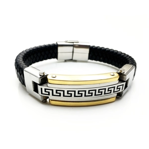 Bracelet pour homme en cuir tressé noir avec plaque en acier et motif grec doré