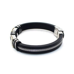 Men's black silicone bracelet with golden Greek Key pattern and stainless steel chain inlay