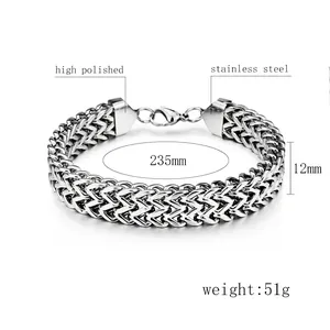 Polished stainless steel men's Franco chain bracelet with fish scale texture and lobster clasp