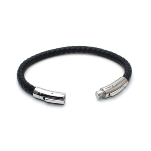 Minimalist black braided leather bracelet for men with polished silver metal clasp