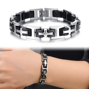 Men's titanium steel and black silicone H-link bracelet with cross elements and clasp