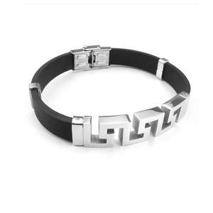 Detail of men's silicone bracelet with stainless steel Greek meander pattern and clasp