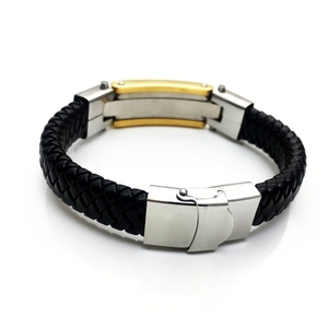 Bracelet pour homme en cuir tressé avec fermoir poli en acier inoxydable argent et or