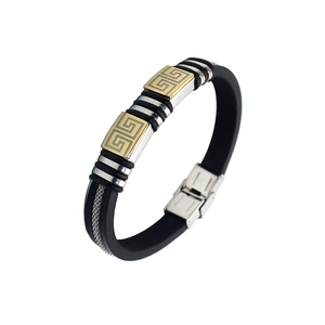 Men's retro titanium steel silicone bracelet with golden meander pattern and silver accents
