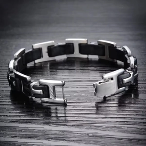 Men's titanium steel and black silicone bracelet with unique H-shaped links design