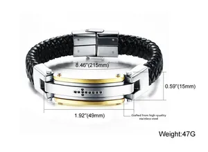 Macro detail of braided leather bracelet featuring high-quality steel and weight of 47g