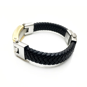 Bracelet tressé en cuir noir pour homme avec fermoir motif grec bicolore or et argent