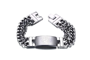 Bracelet double chaîne pour homme en acier avec croix et plaque gravée du Notre Père
