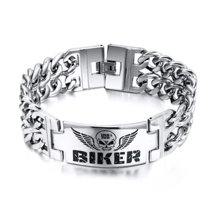 Men Titanium Steel Biker Skull Wing ID Bracelet Punk Double Row Cuban Link Chain Engraved Biker Jewelry For Men