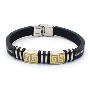 Men Stylish Titanium Steel Silicone Bracelet Gold Greek Key Pattern Electroplated Vintage Punk Jewelry Wristband For Men