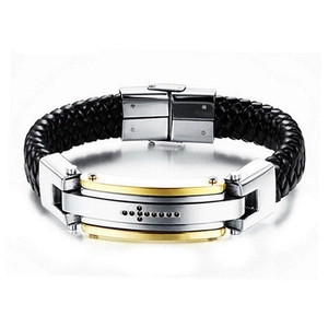 Men Fashion Woven Leather Bracelet Stainless Steel Cross Two-Tone Inlaid Bangle Personalized Hard Style Men Jewelry Gift